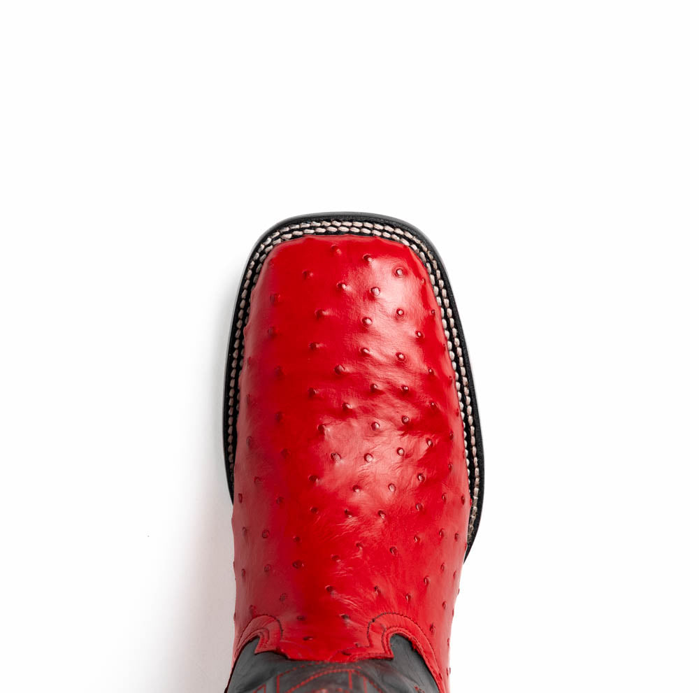 Alabama Red cowboy boot with genuine ostrich skin texture and square toe design.