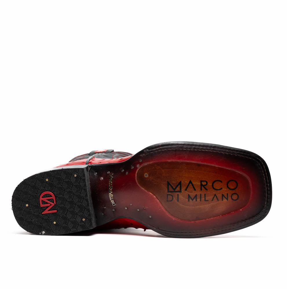 Sole view of Alabama Red ostrich skin cowboy boot by Marco di Milano