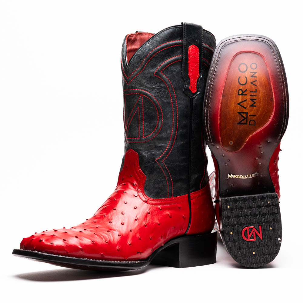 Alabama Red genuine ostrich skin cowboy boots, Western Collection, featuring full-quill texture and black leather shaft.