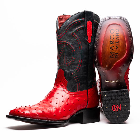 Alabama Red genuine ostrich skin cowboy boots, Western Collection, featuring full-quill texture and black leather shaft.
