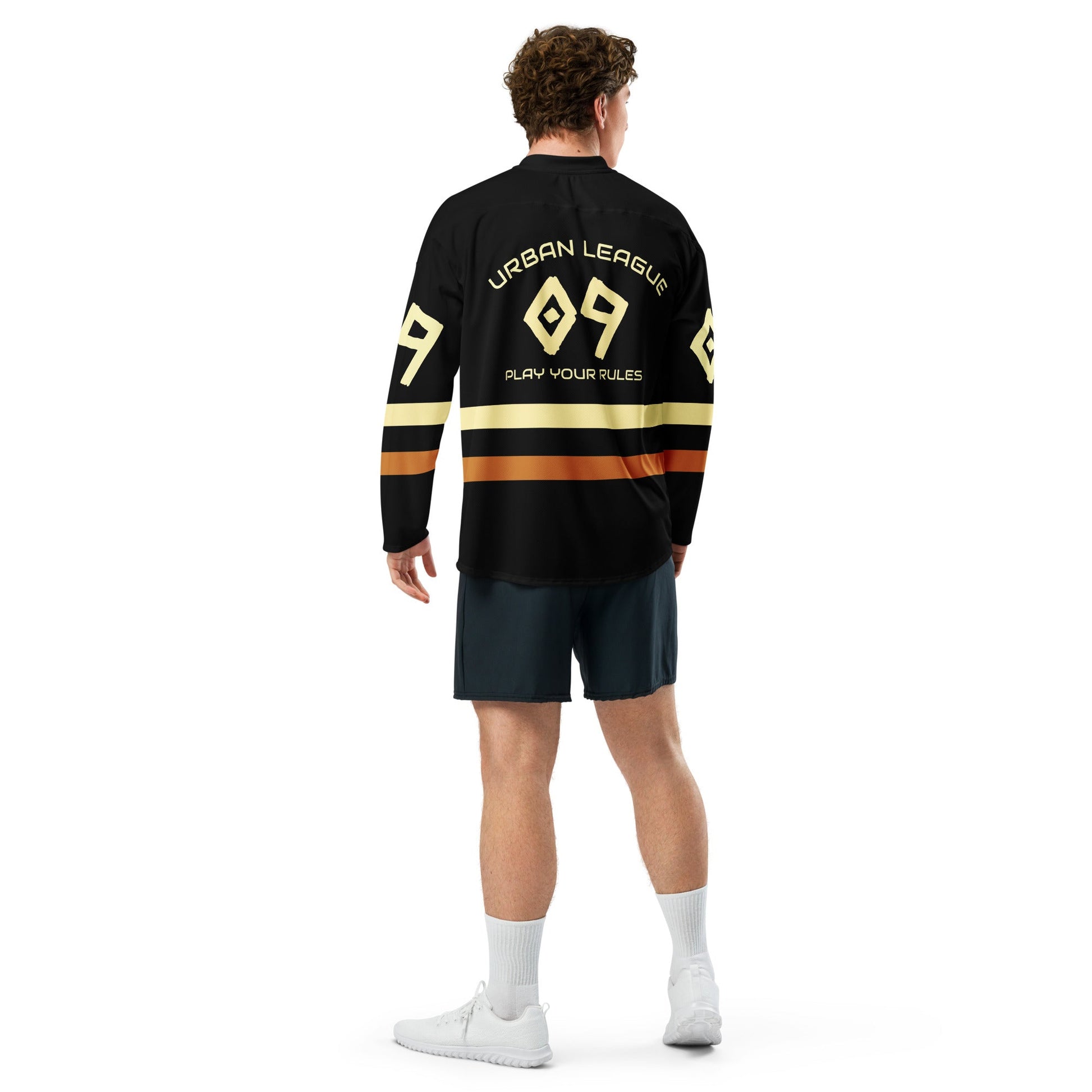 Men’s “District 09” Streetwear Hockey Jersey – Premium Recycled Polyester | Moisture-Wicking | Relaxed Fit on model