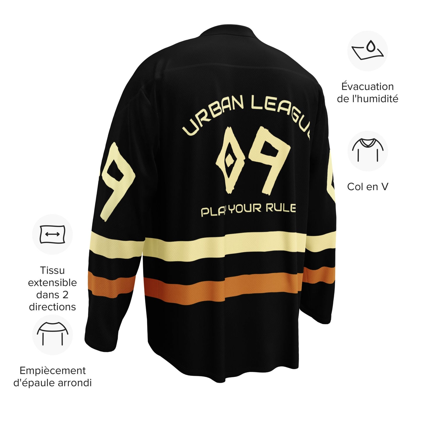 Men’s “District 09” Streetwear Hockey Jersey – Premium Recycled Polyester | Moisture-Wicking | Relaxed Fit, rear view with logo detailing