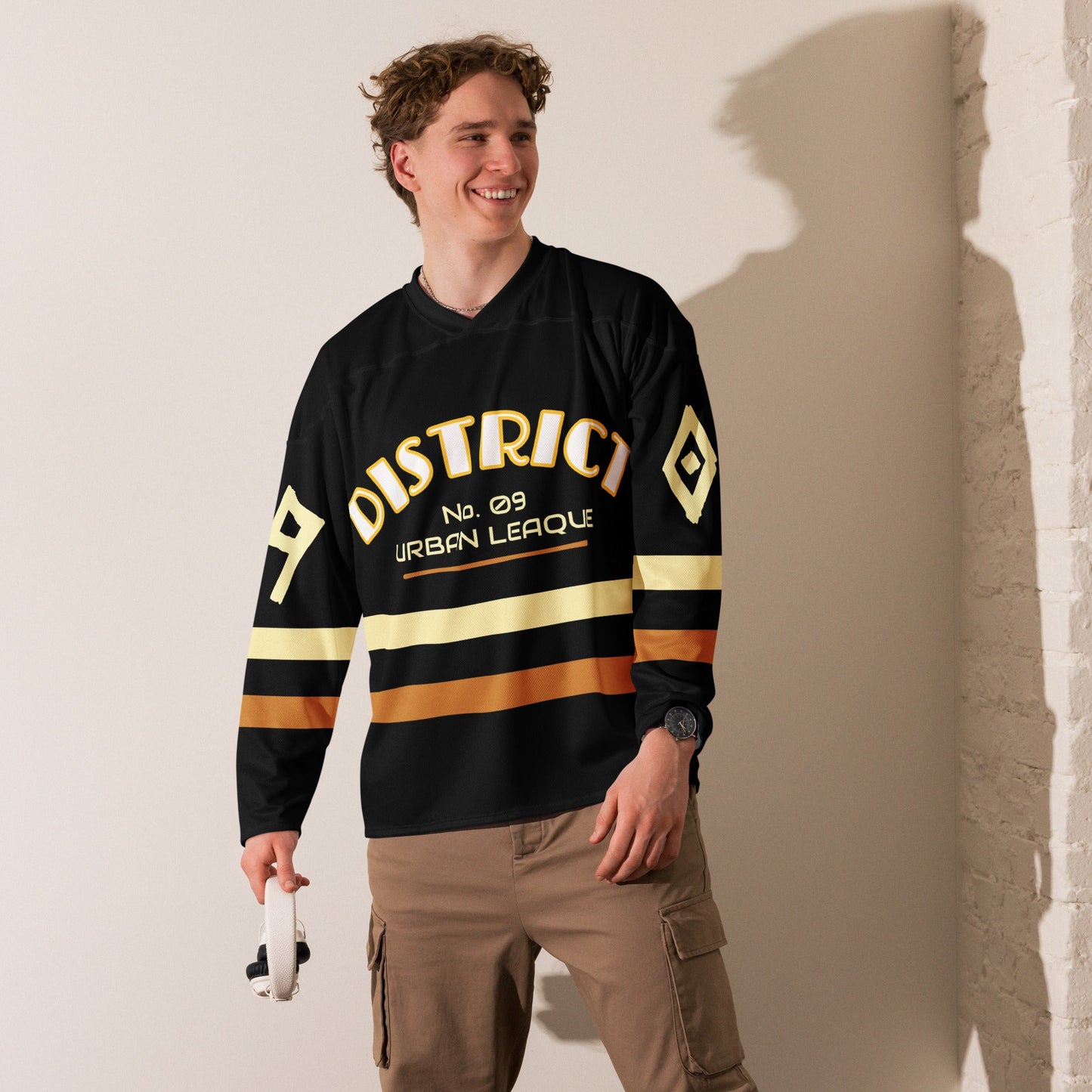 Man wearing Men’s “District 09” Streetwear Hockey Jersey – Premium Recycled Polyester | Moisture-Wicking | Relaxed Fit in urban setting