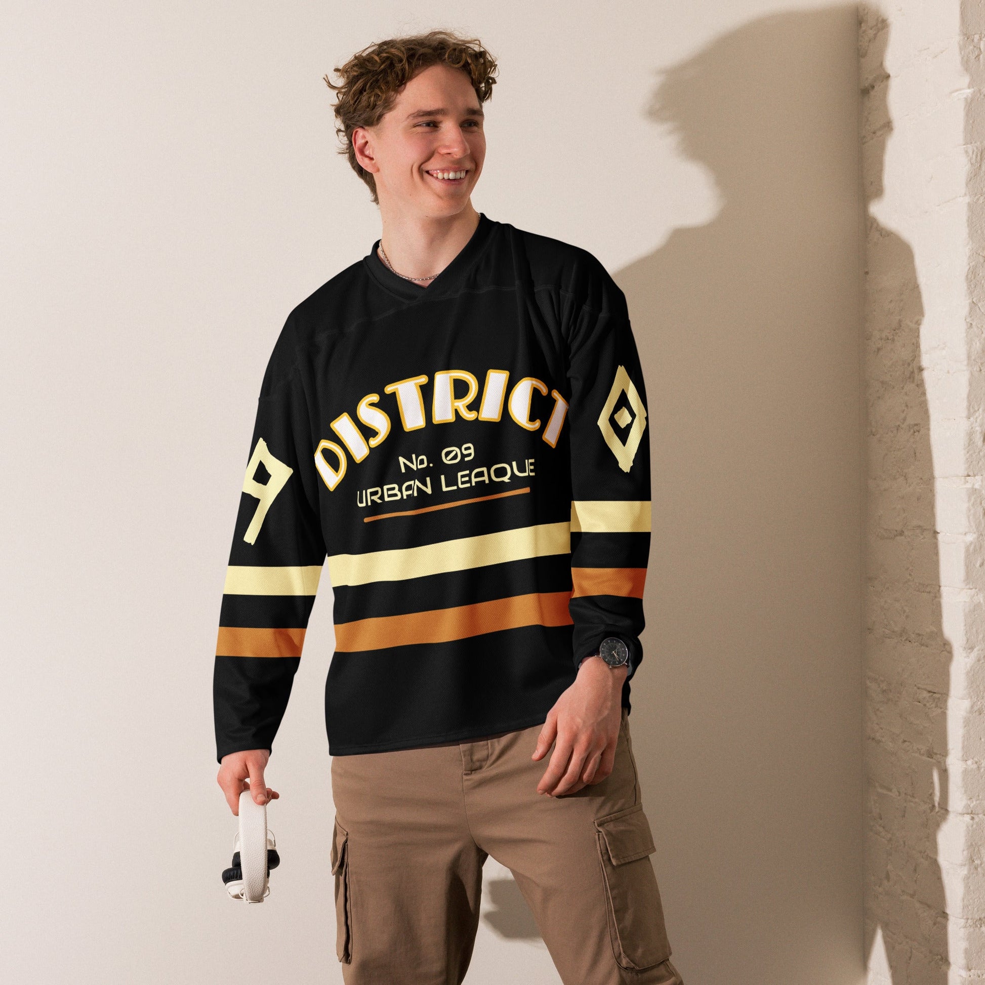 Man wearing Men’s “District 09” Streetwear Hockey Jersey – Premium Recycled Polyester | Moisture-Wicking | Relaxed Fit in urban setting