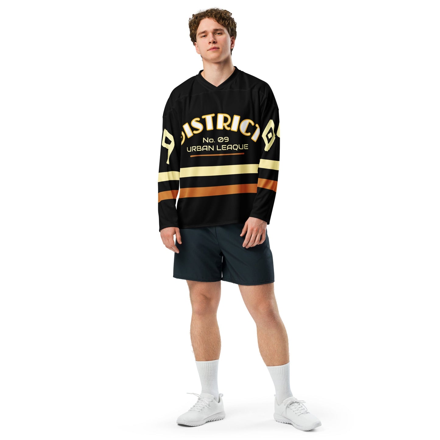 Men’s “District 09” Streetwear Hockey Jersey – Premium Recycled Polyester | Moisture-Wicking | Relaxed Fit on model.