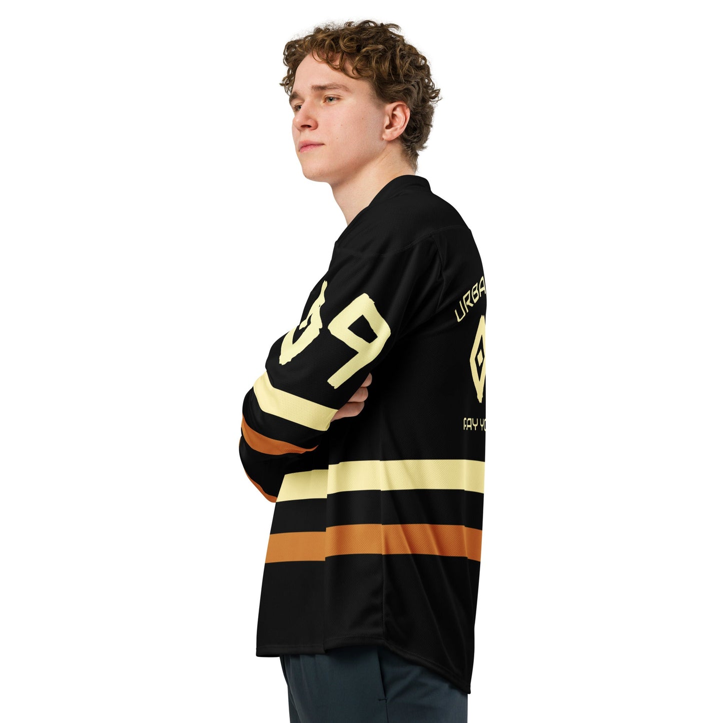 Model wearing Men’s “District 09” Streetwear Hockey Jersey – Premium Recycled Polyester | Moisture-Wicking | Relaxed Fit