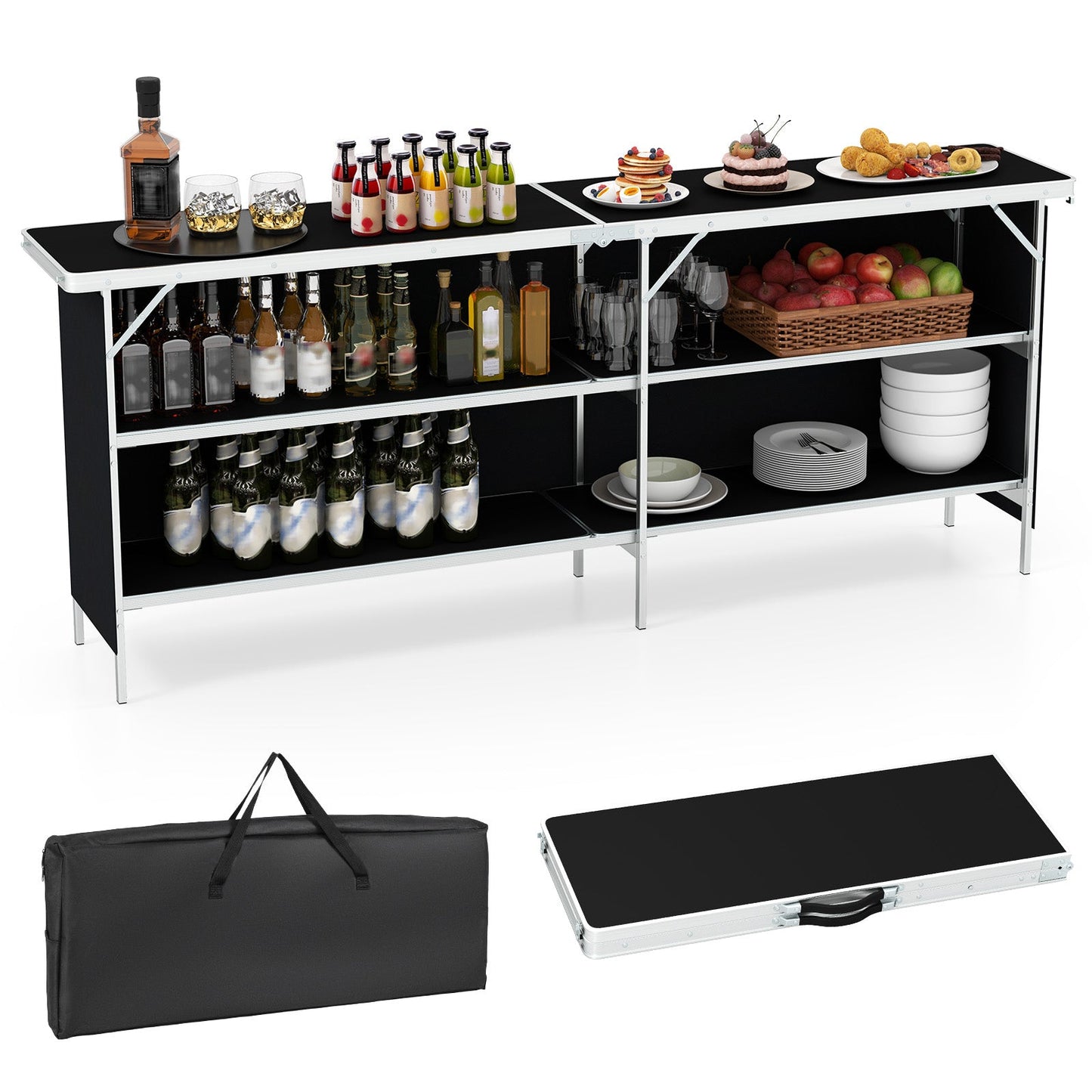 Aluminum Portable Picnic Table with 2-Tier Open Shelves and Spacious Tabletop-Black, shown with beverages and fruit, foldable and easy to carry