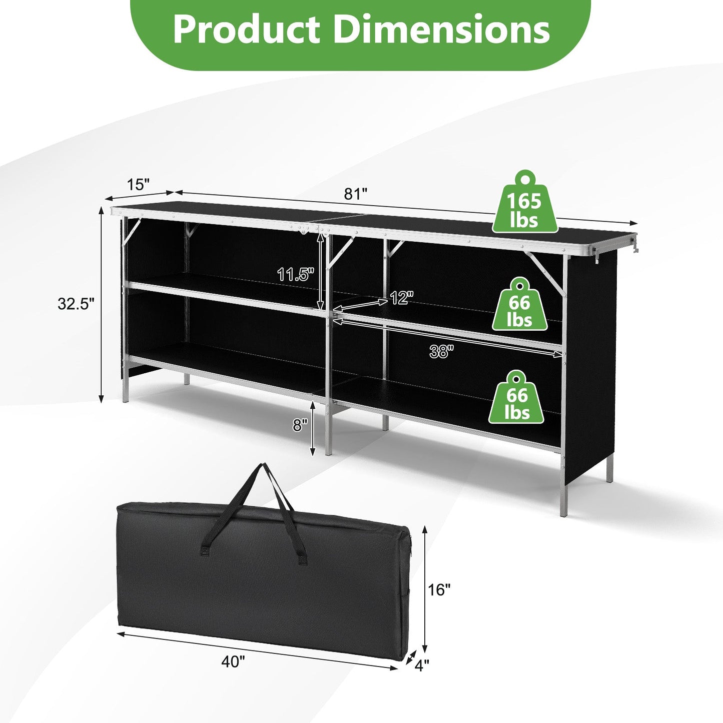 Product dimensions for Aluminum Portable Picnic Table with 2-Tier Open Shelves and Spacious Tabletop-Black
