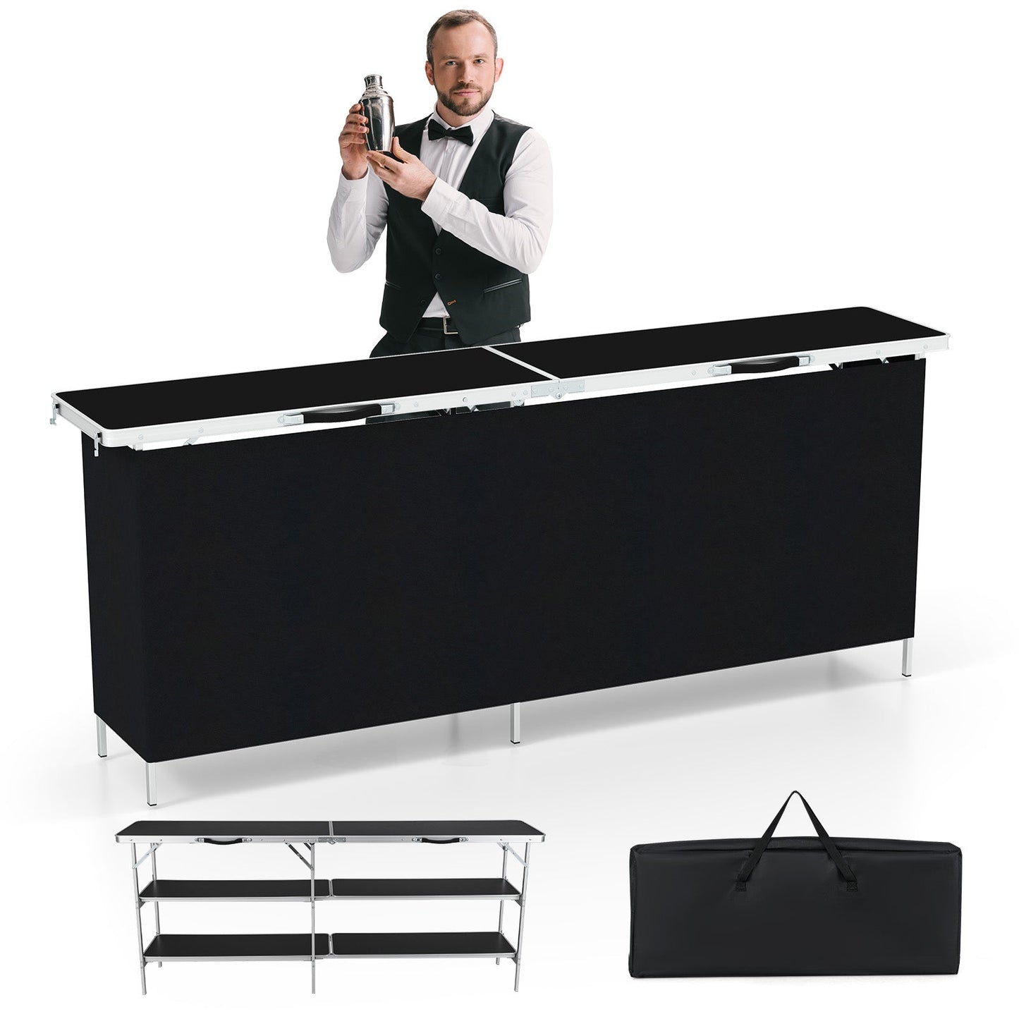 Aluminum Portable Picnic Table with 2-Tier Open Shelves and Spacious Tabletop-Black setup for easy assembly and transport.
