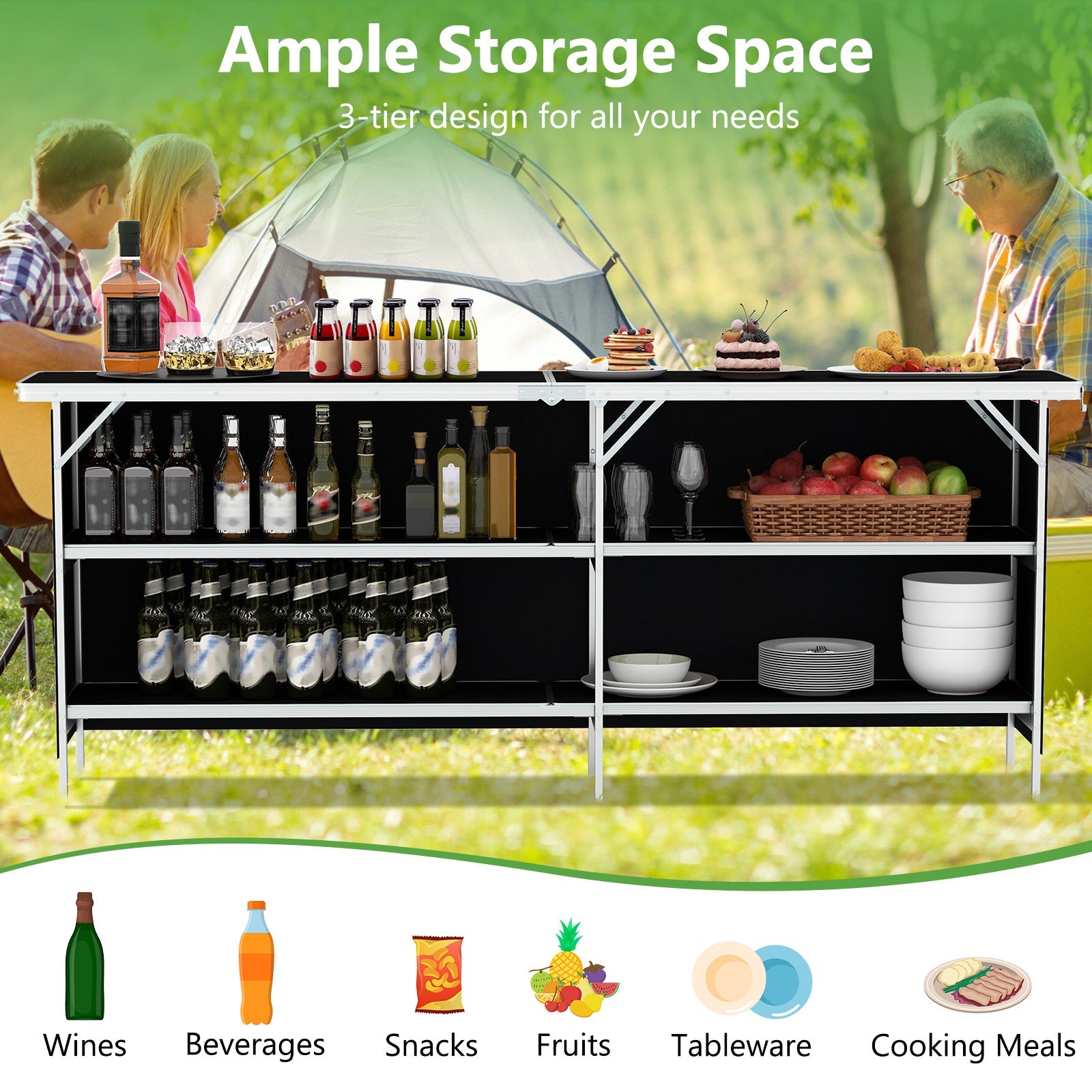 Aluminum Portable Picnic Table with 2-Tier Open Shelves and Spacious Tabletop-Black with food and drinks displayed on camping site