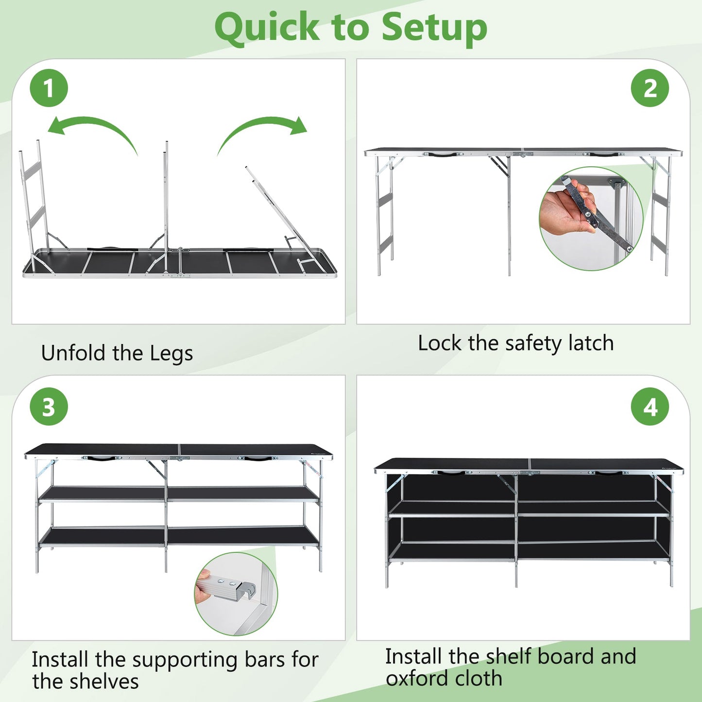 Setup steps for Aluminum Portable Picnic Table with 2-Tier Open Shelves and Spacious Tabletop-Black, featuring assembly instructions.