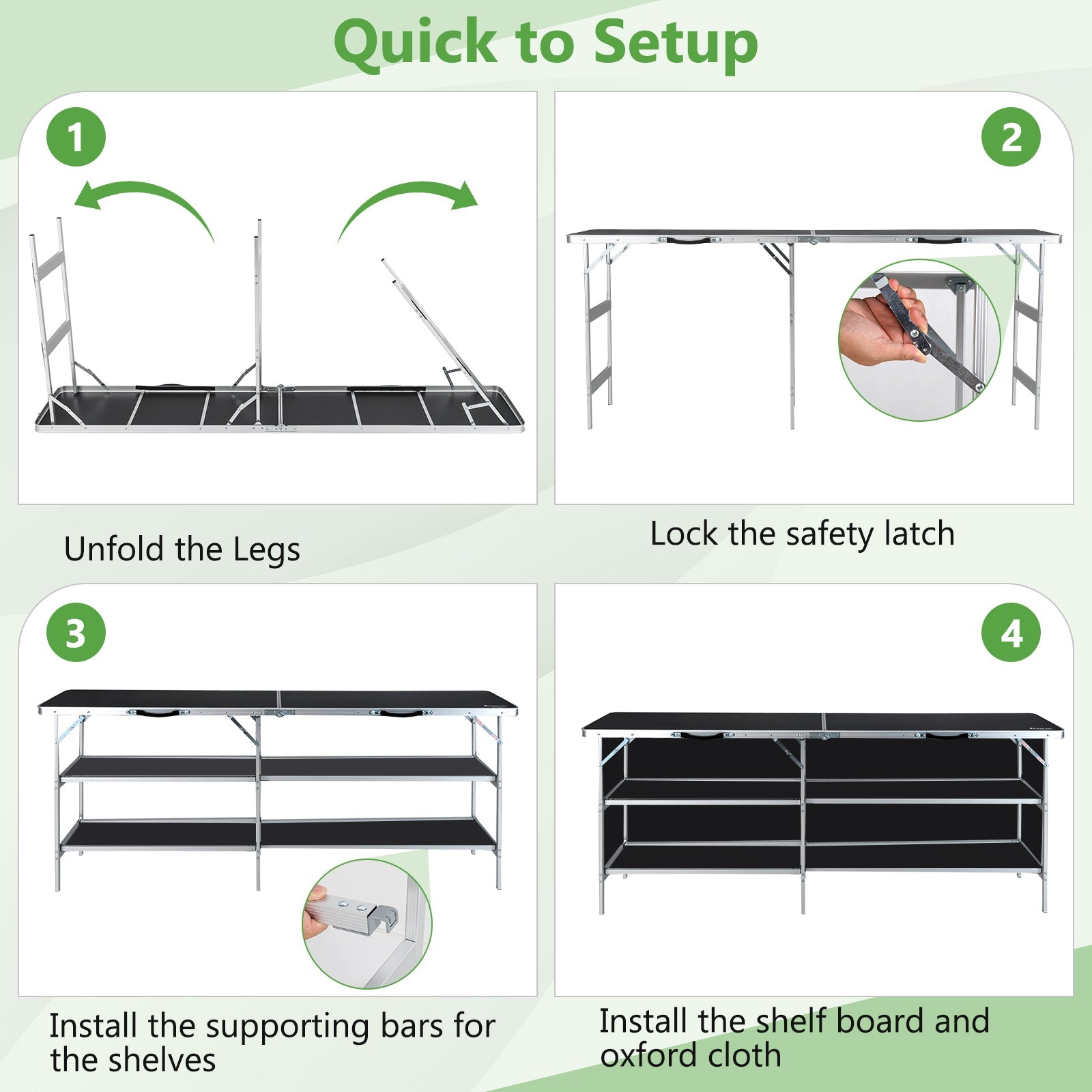 Setup steps for Aluminum Portable Picnic Table with 2-Tier Open Shelves and Spacious Tabletop-Black, featuring assembly instructions.