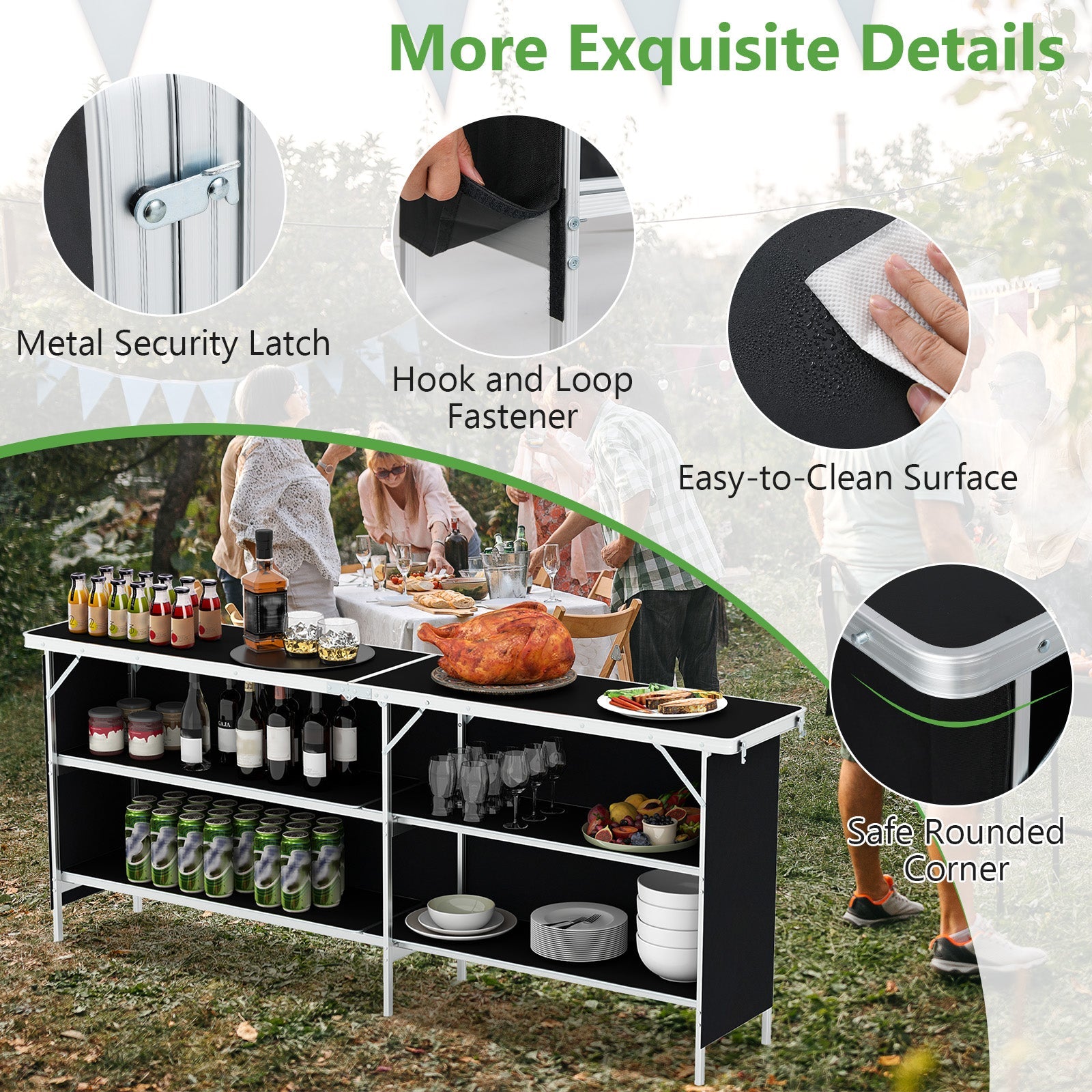 Aluminum Portable Picnic Table with 2-Tier Open Shelves and Spacious Tabletop-Black, showcasing metal security latch and easy-to-clean surface.