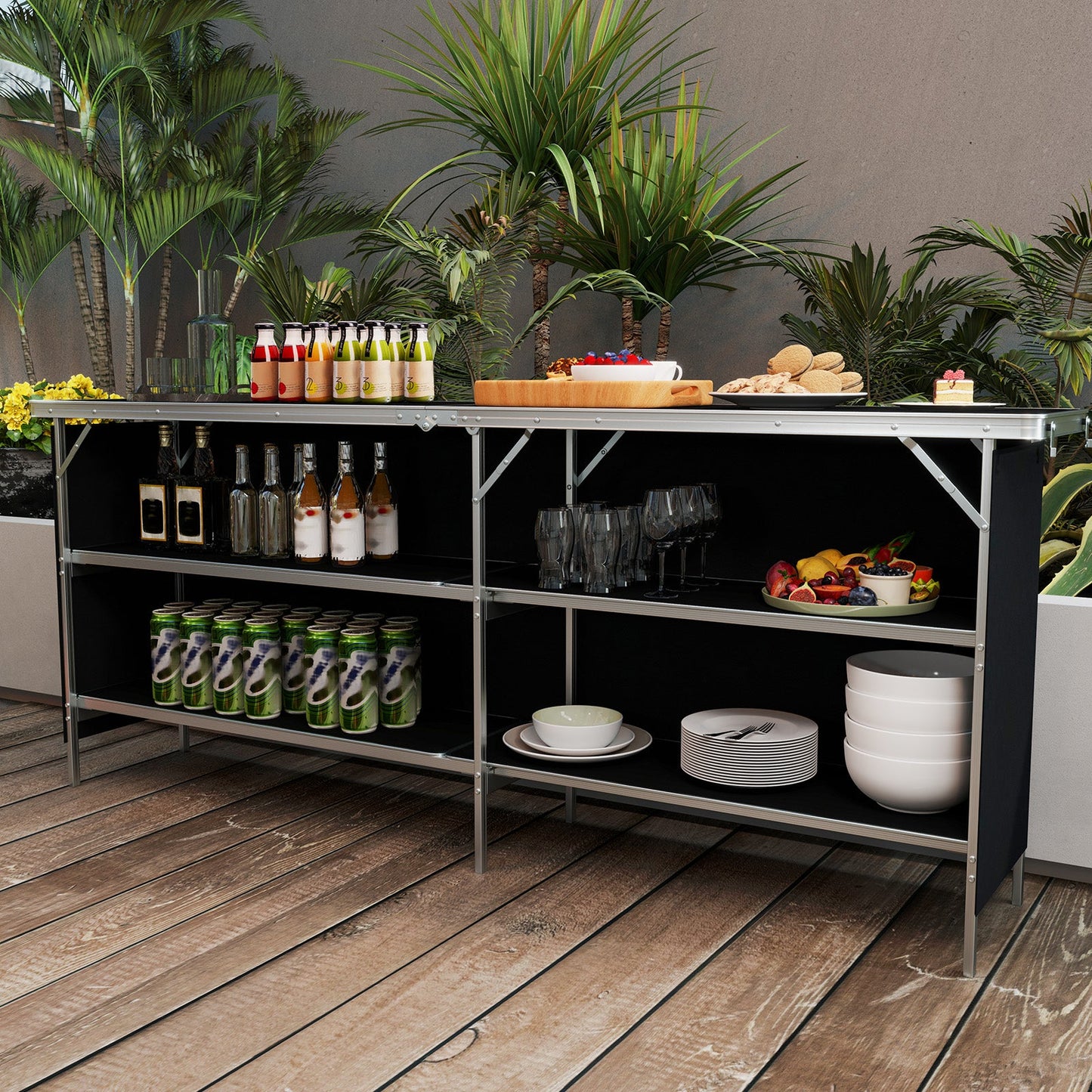 Aluminum Portable Picnic Table with 2-Tier Open Shelves and Spacious Tabletop-Black set up with drinks and snacks on patio.