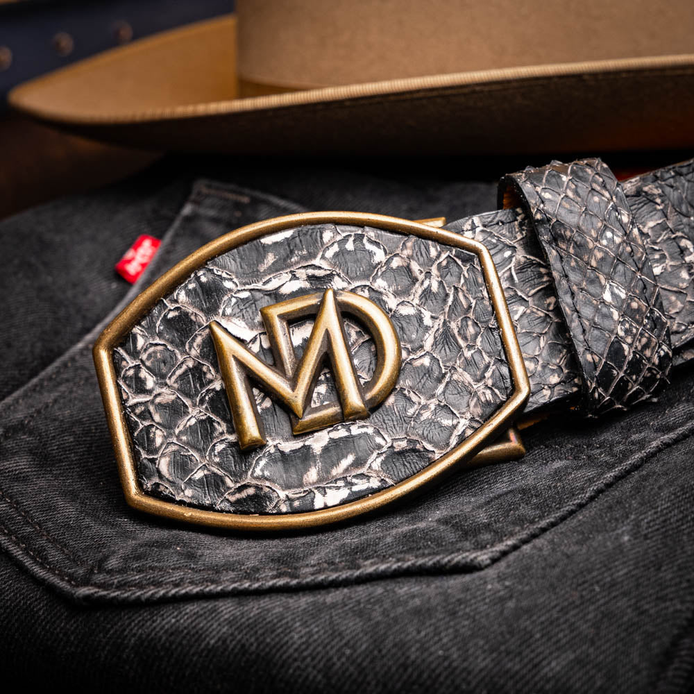 Arkansas Belt Antique Newspaper with genuine python skin and brass buckle, showcasing exotic elegance and rugged refinement.