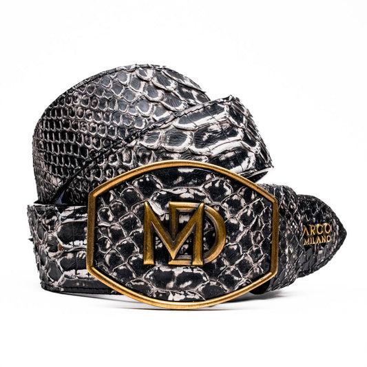 Arkansas Belt Antique Newspaper - Genuine python skin belt with antique brass buckle in Western style featuring exotic texture and scales.