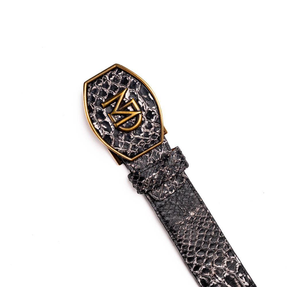 Genuine python skin Arkansas Belt Antique Newspaper with antique brass buckle, showcasing luxurious Western style and craftsmanship.