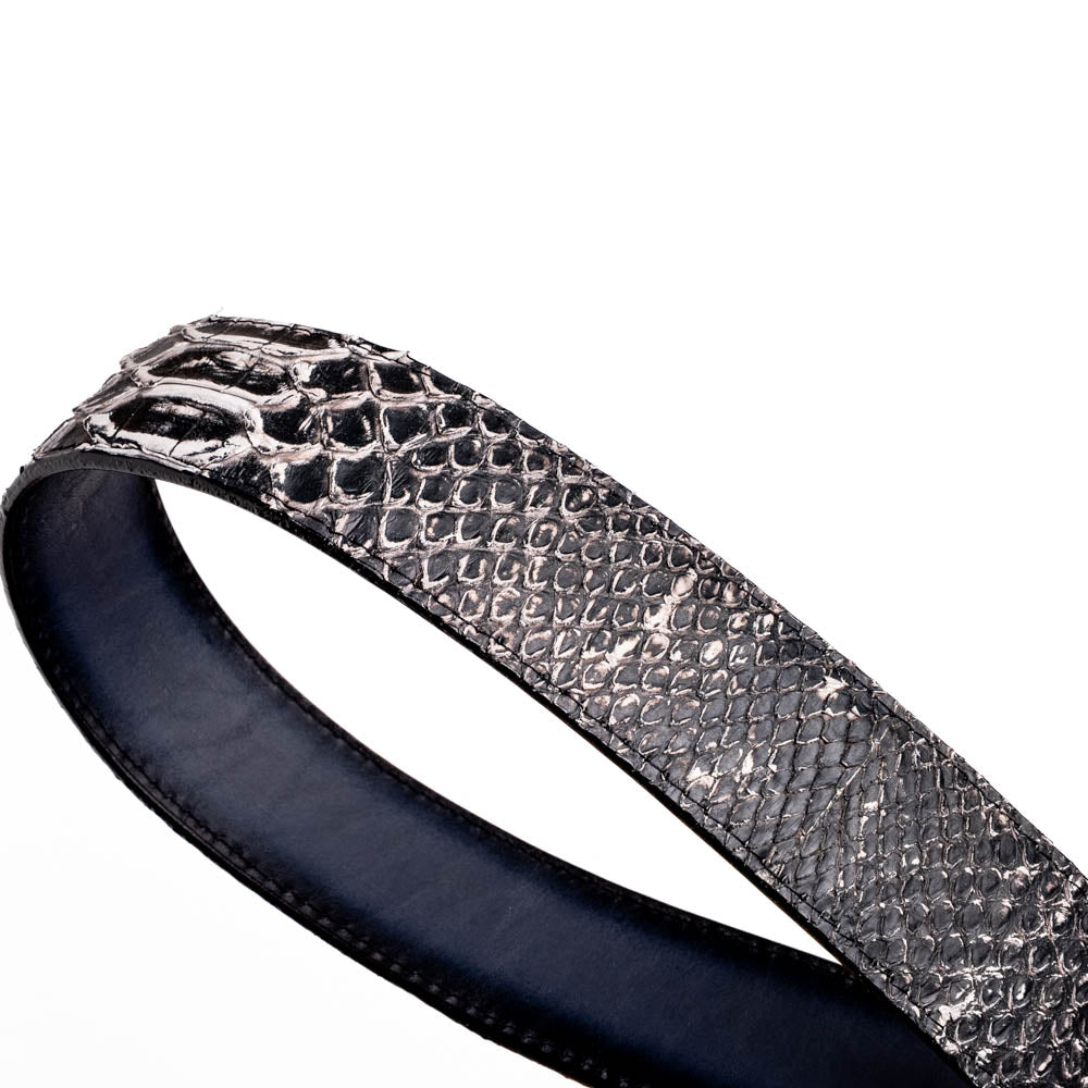 Arkansas Belt Antique Newspaper with genuine python skin and antique brass buckle, showcasing Western style elegance and rugged refinement.