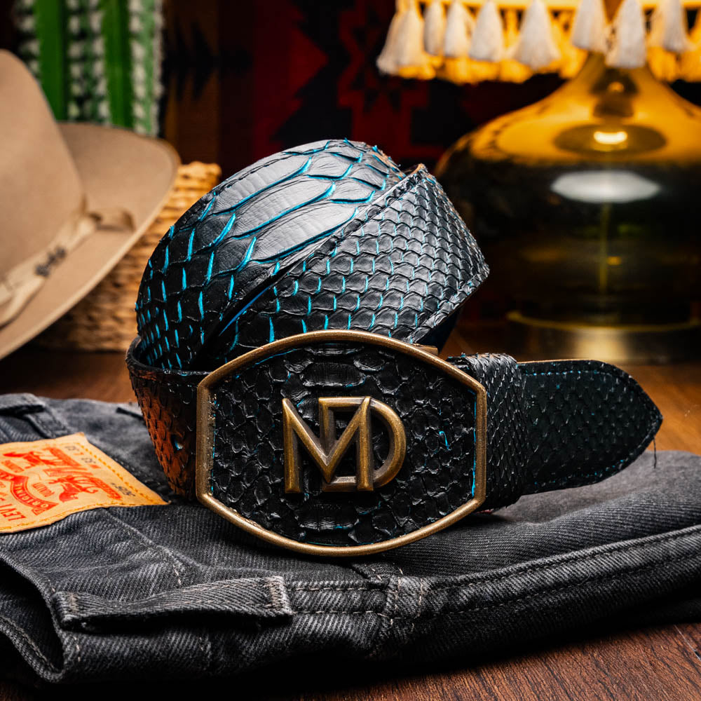 Arkansas Belt Black / Blue - Genuine Python Skin Western Belt with Antique Brass Buckle and Full-Grain Leather Lining