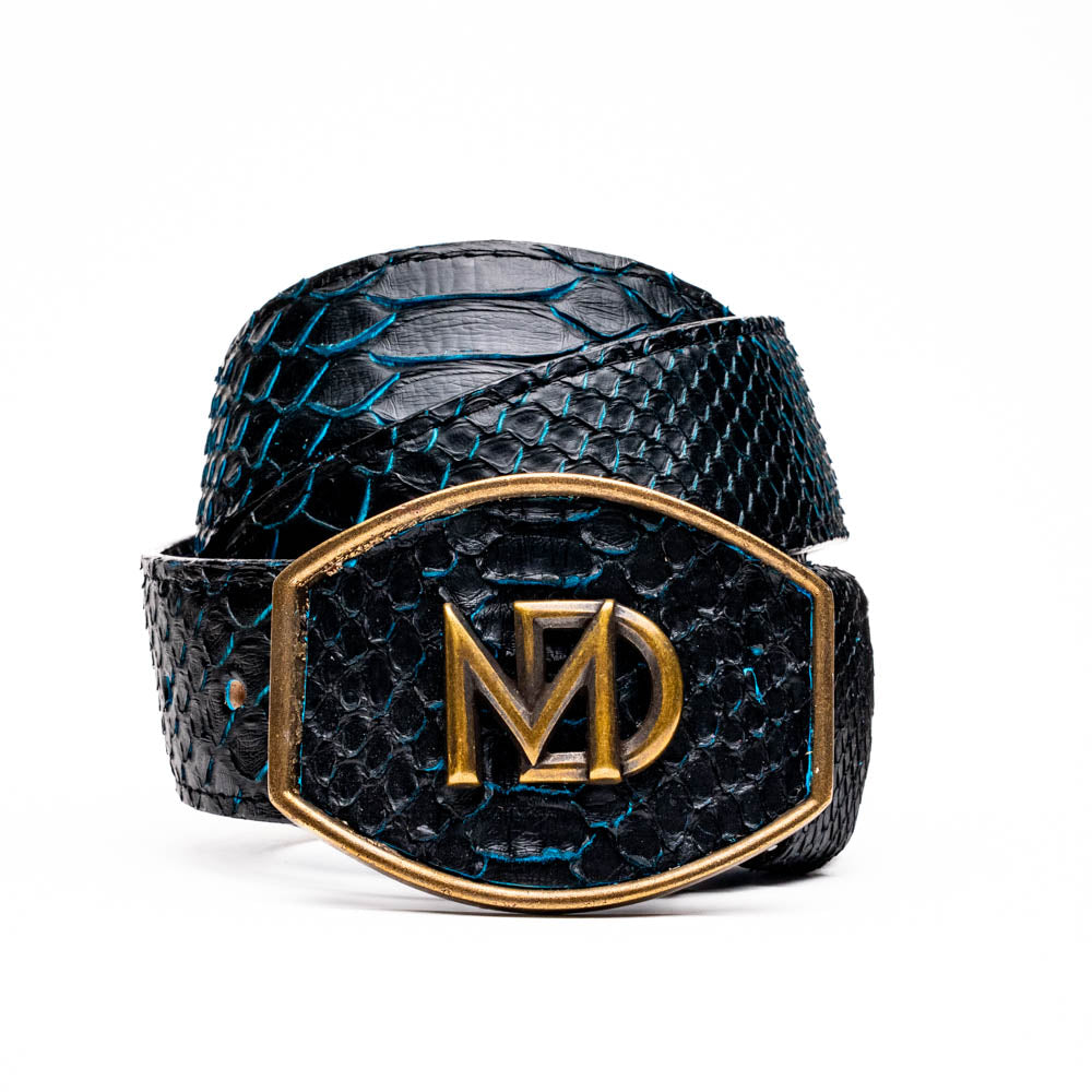 Arkansas Belt Black / Blue with genuine python skin and antique brass buckle