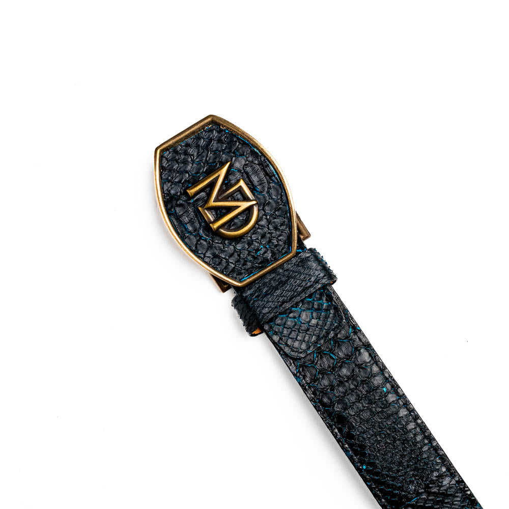 Arkansas Belt Black / Blue with genuine python skin and antique brass buckle, showcasing Western elegance and style.