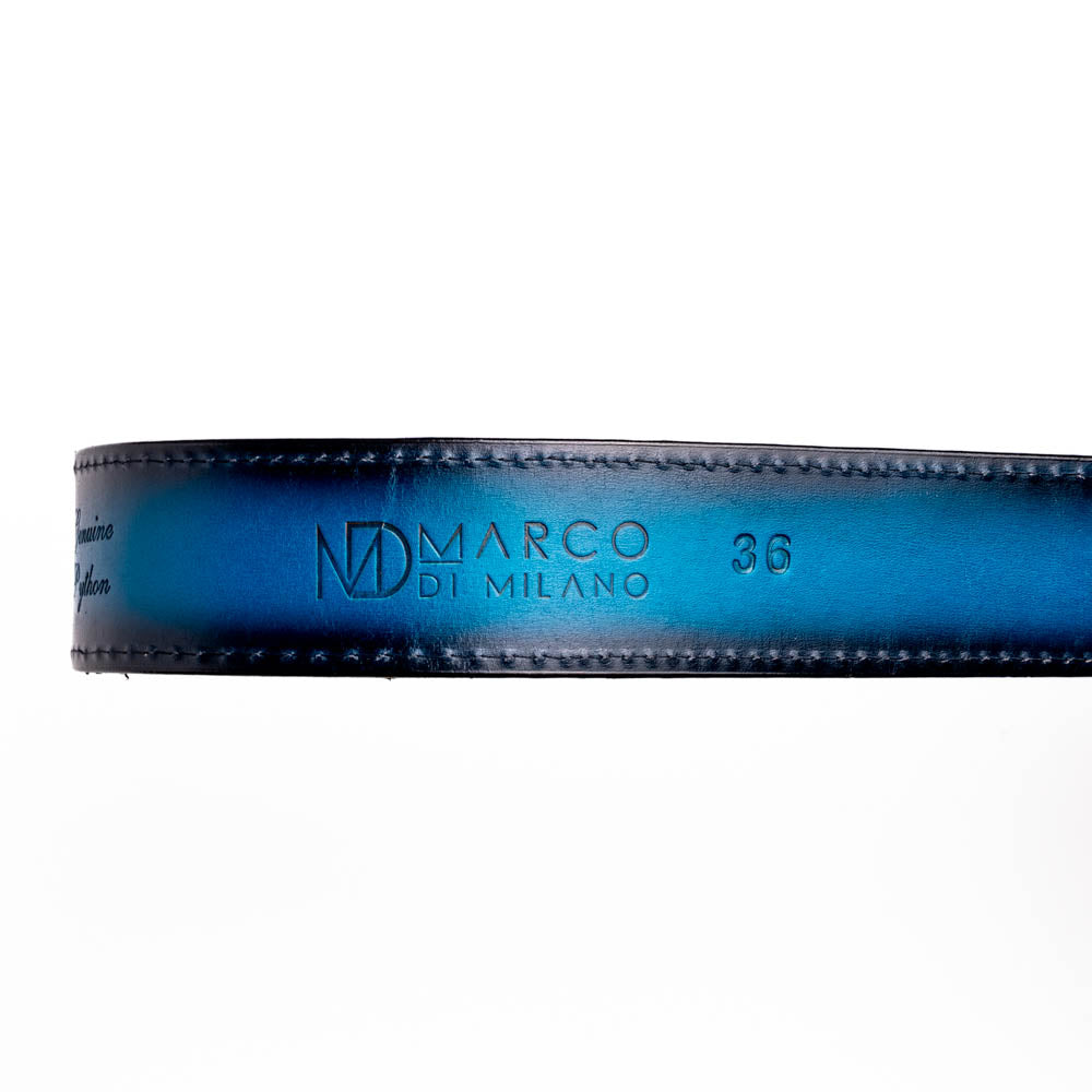Arkansas Belt Black / Blue handcrafted from genuine python skin with Western antique brass buckle for exotic elegance.