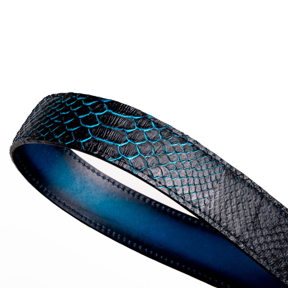 Arkansas Belt Black / Blue in genuine python skin with western antique brass buckle