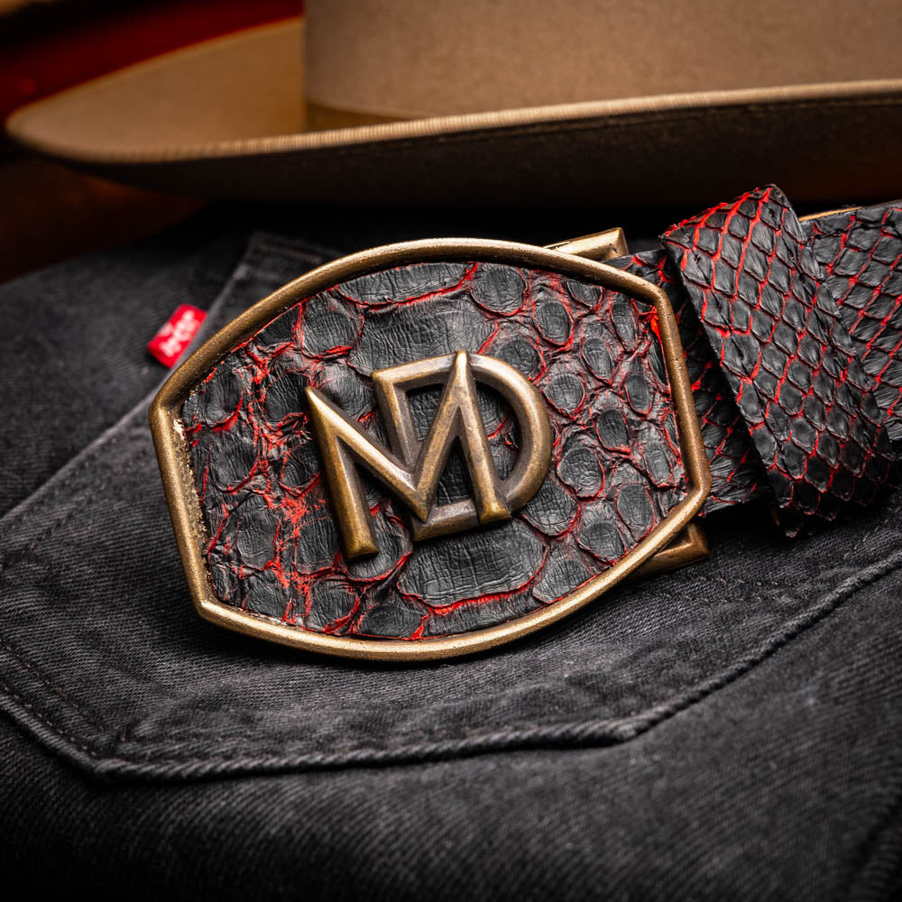 Arkansas Belt BlackCherry - Genuine Python Skin Western Belt with antique brass buckle on denim backdrop