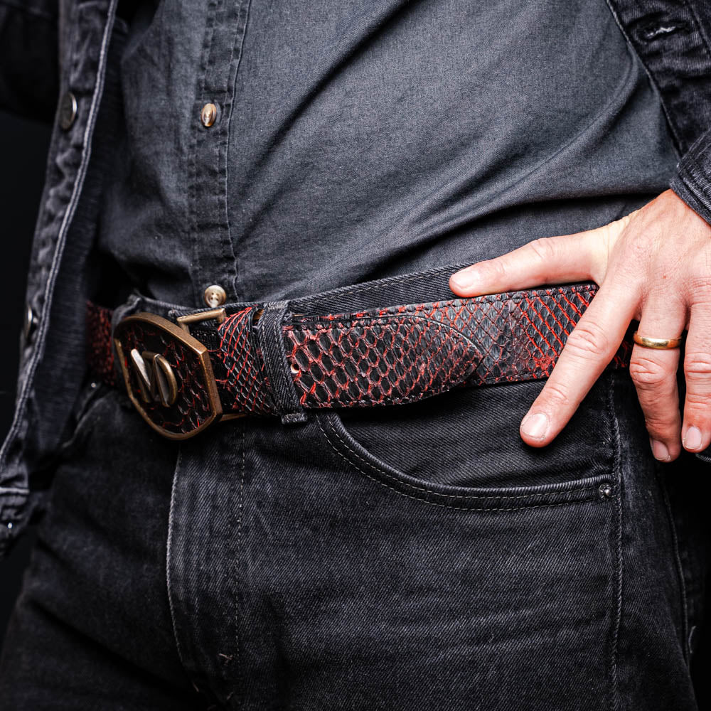 Arkansas Belt BlackCherry made with genuine python skin featuring antique brass Western buckle and full-grain leather lining