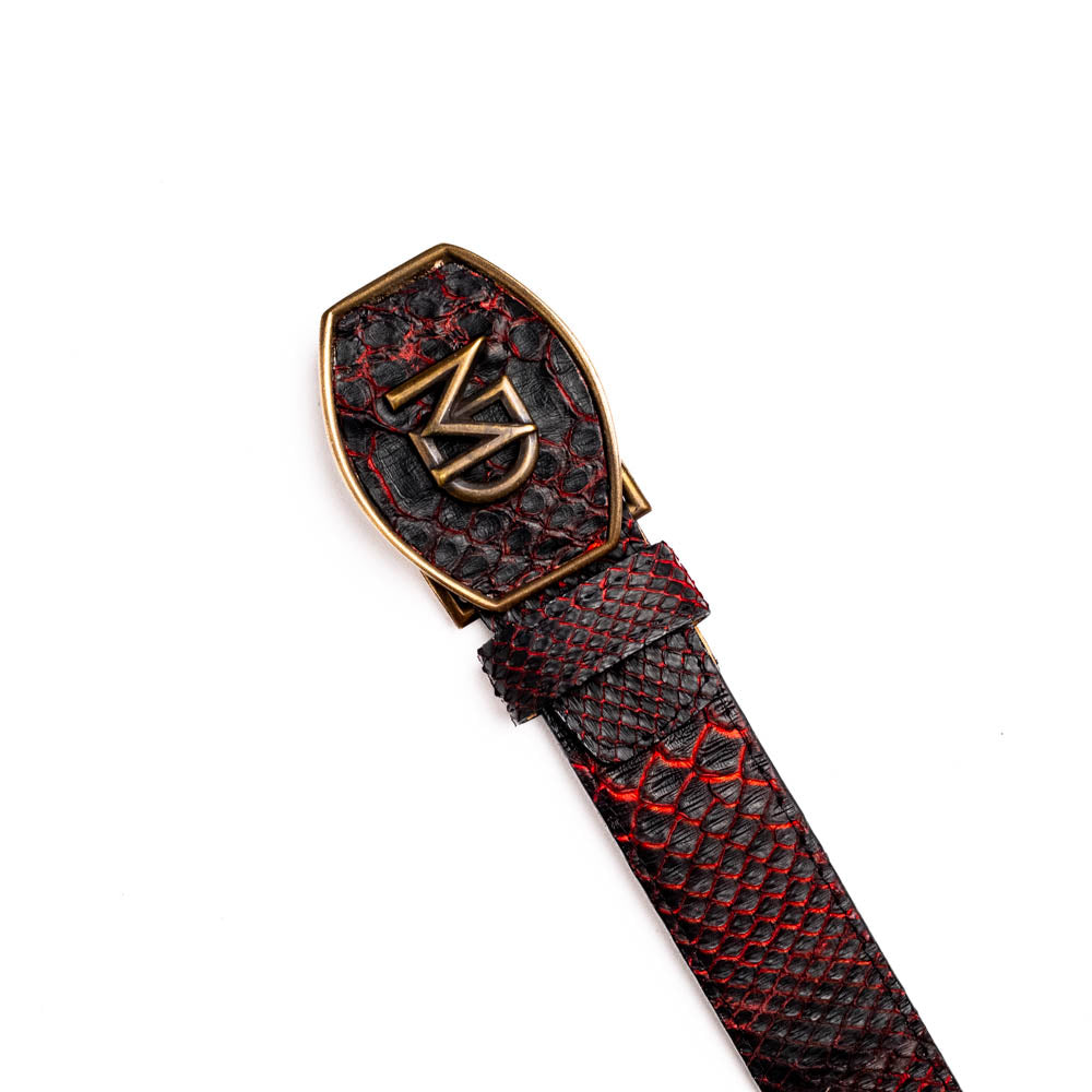 Arkansas Belt BlackCherry with genuine python skin and antique brass buckle