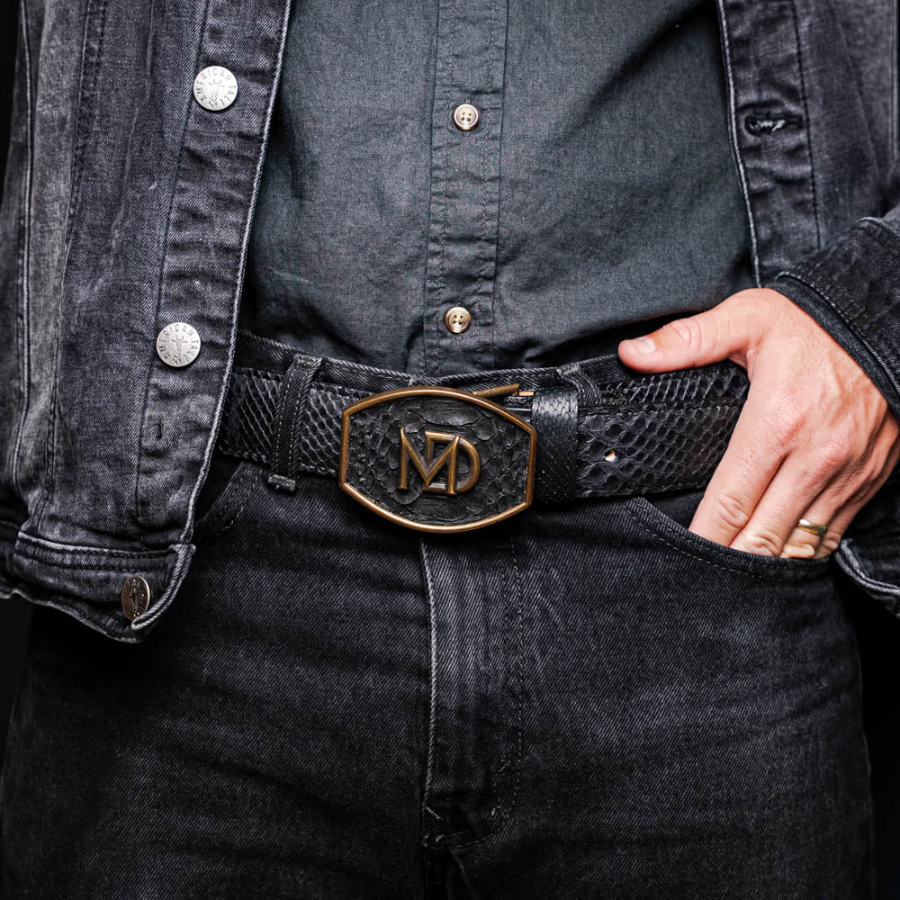 Arkansas Belt Black / Blue featuring genuine python skin and antique brass buckle, showcasing Western style and exotic elegance.