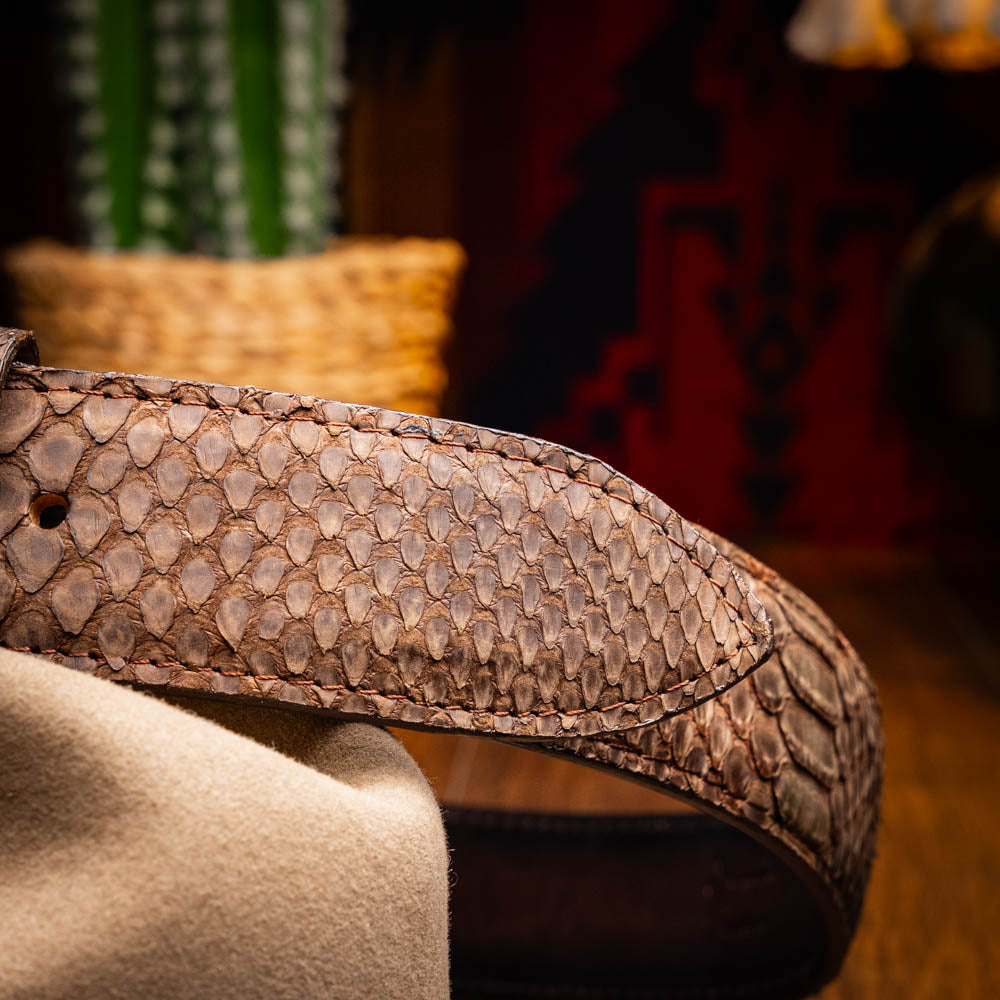 Arkansas Belt Brown made from genuine python skin with antique brass buckle, showcasing exotic texture and Western style elegance.
