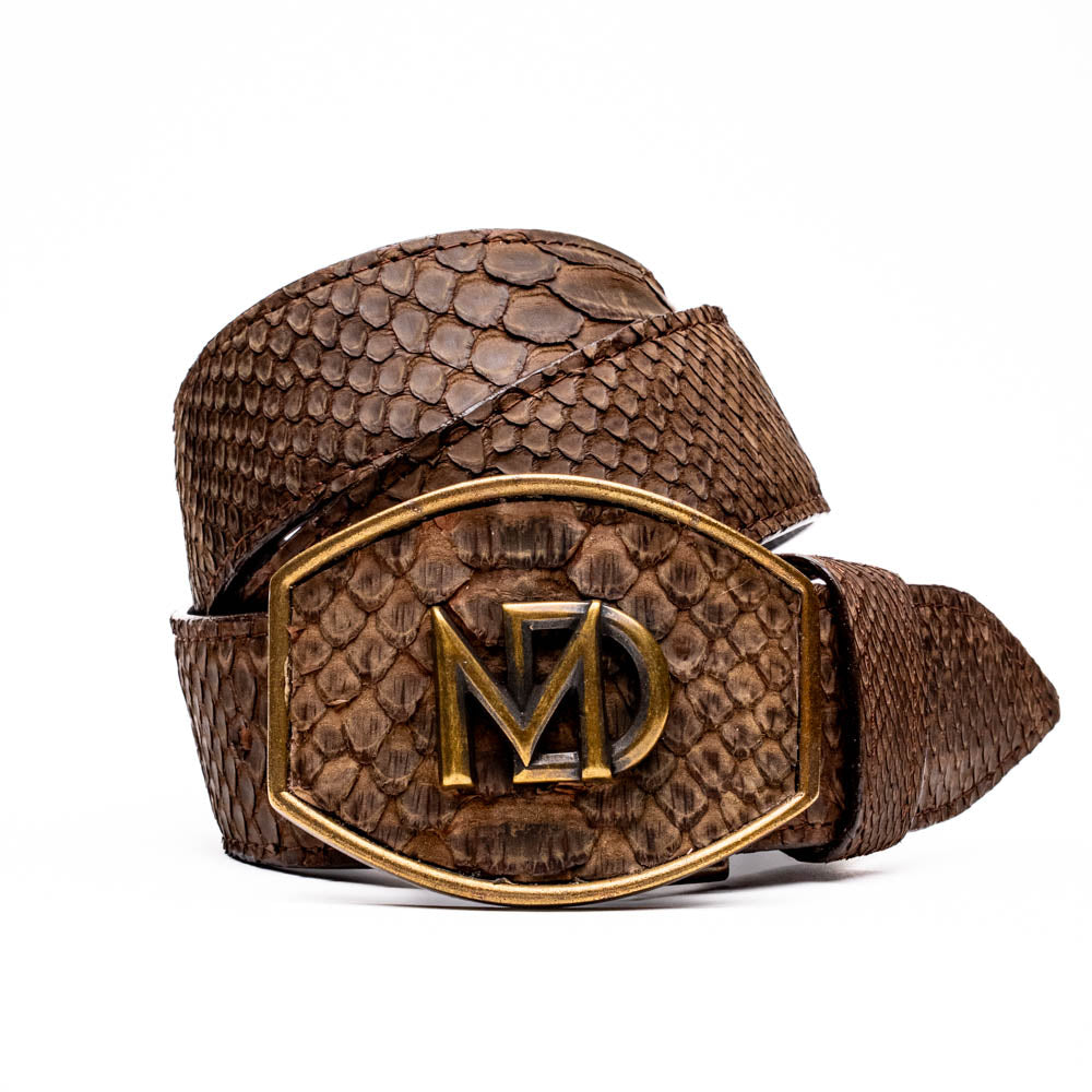 Arkansas Belt Brown genuine python skin with antique brass buckle, showcasing exotic elegance and Western style.