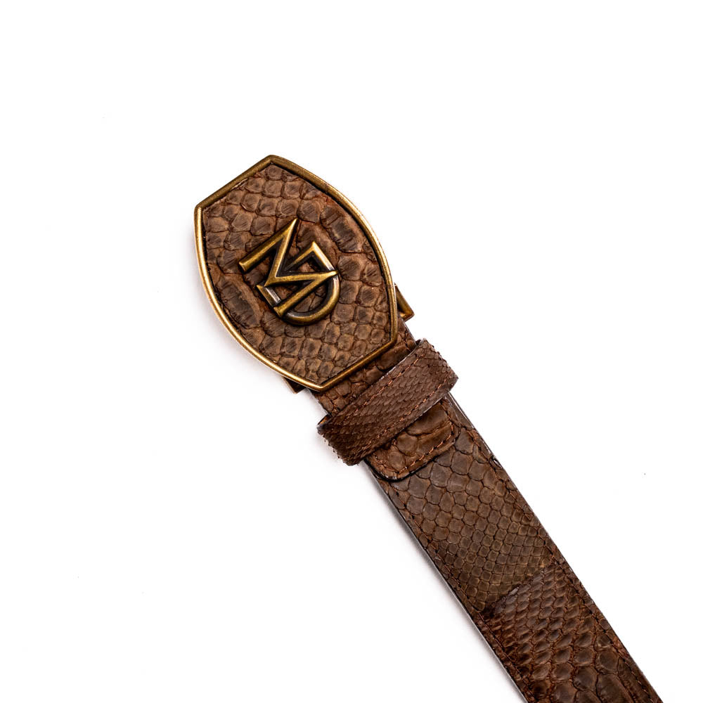 Arkansas Belt Brown with genuine python skin and antique brass buckle, showcasing exotic elegance and rugged refinement.
