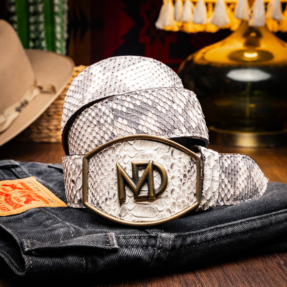 Arkansas Belt Natural made from genuine python skin with antique brass Western buckle, showcasing exotic elegance.