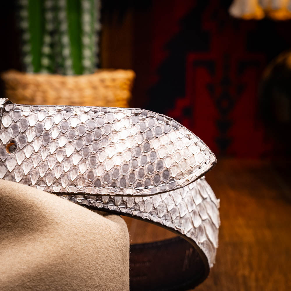 Arkansas Belt Natural with genuine python skin and Western style brass buckle.