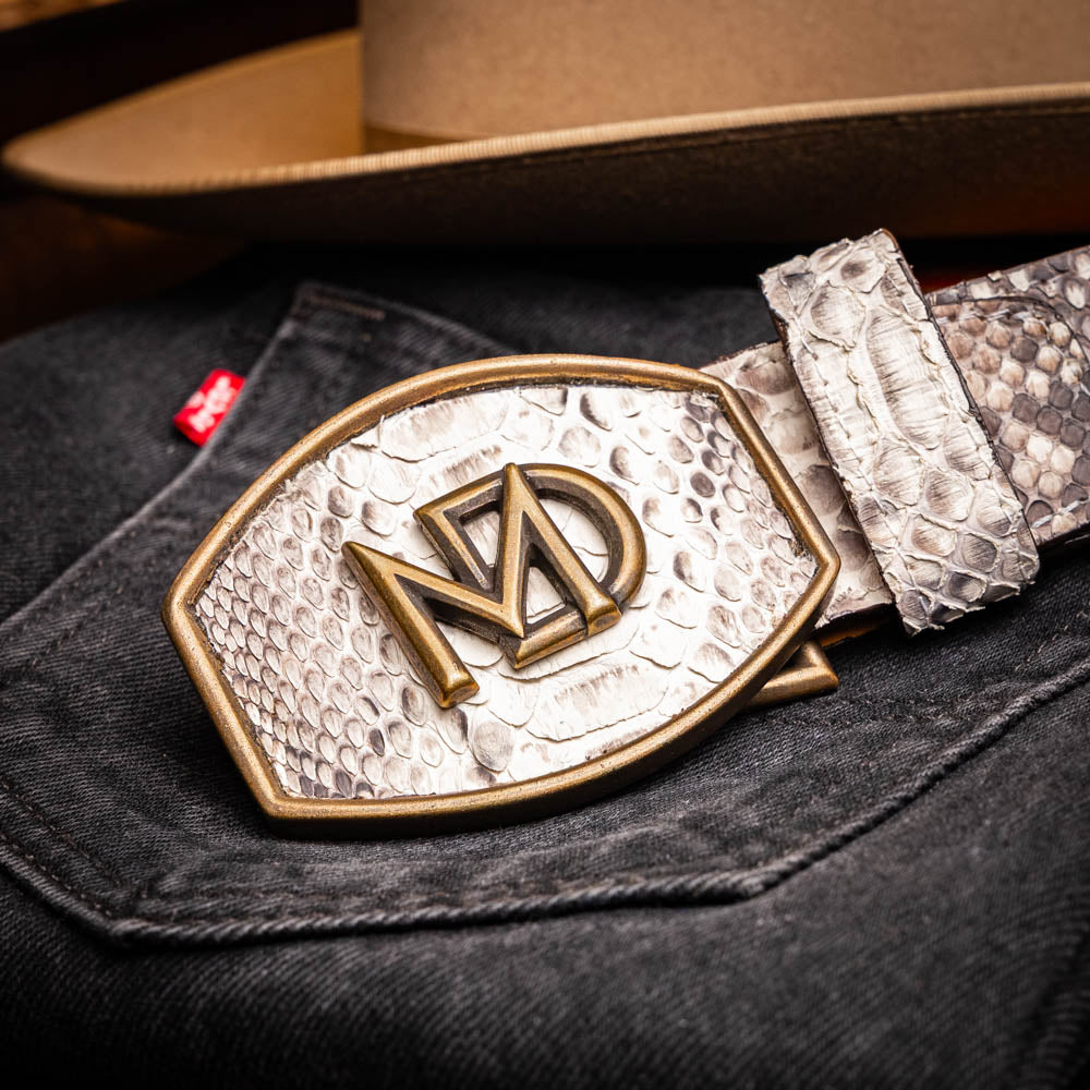 Arkansas Belt Natural - Genuine Python Skin Western Belt with antique brass buckle on denim background