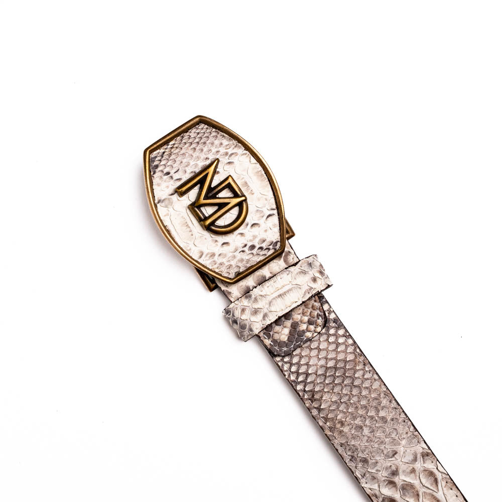 Arkansas Belt Natural with python skin and brass buckle, showcasing luxury Western style.