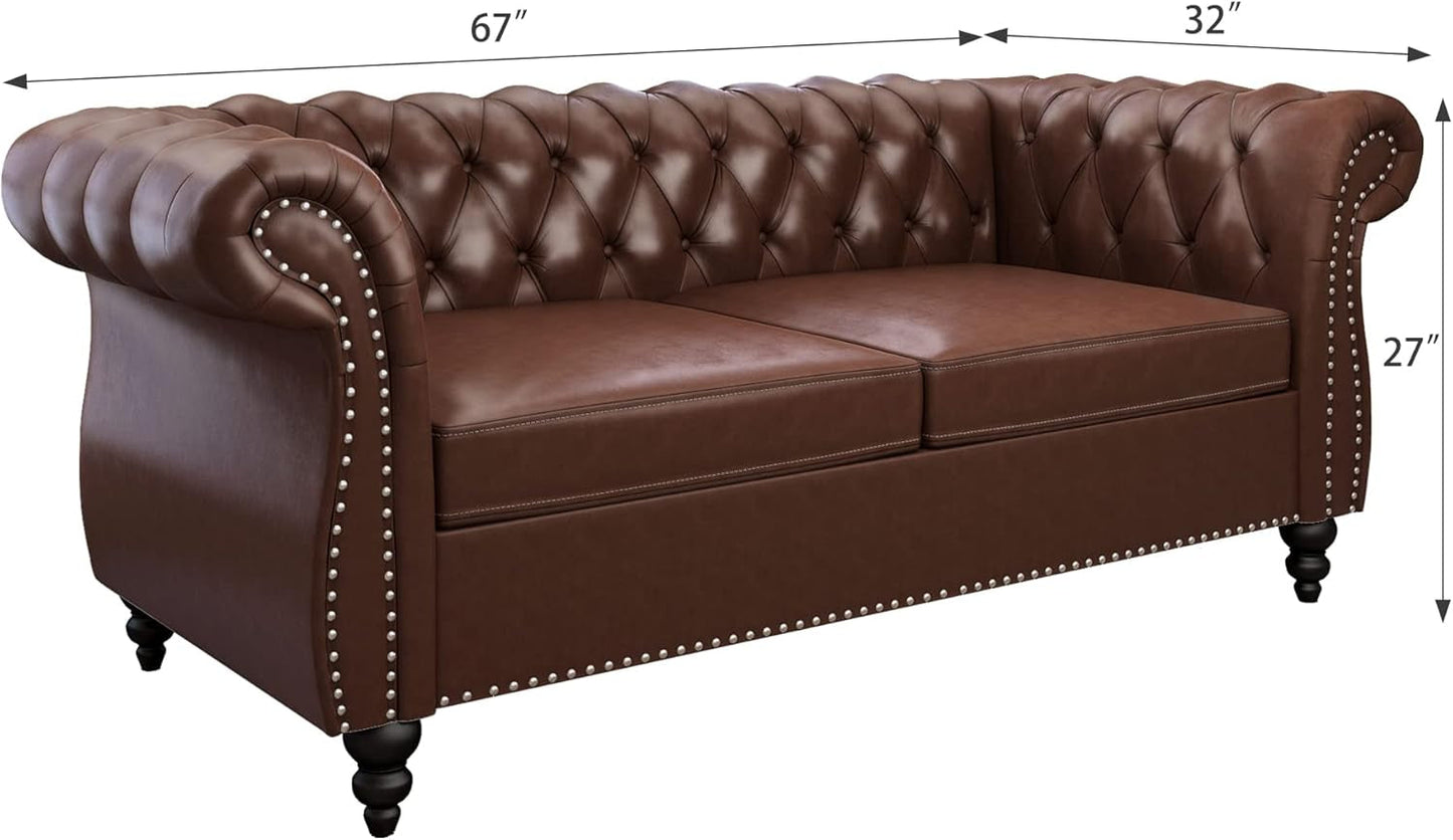 3 Piece Chesterfield Leather Living Room Set Sofa Loveseat Chair Dark Brown with Scroll Arms and Nailhead loveseat dimensions