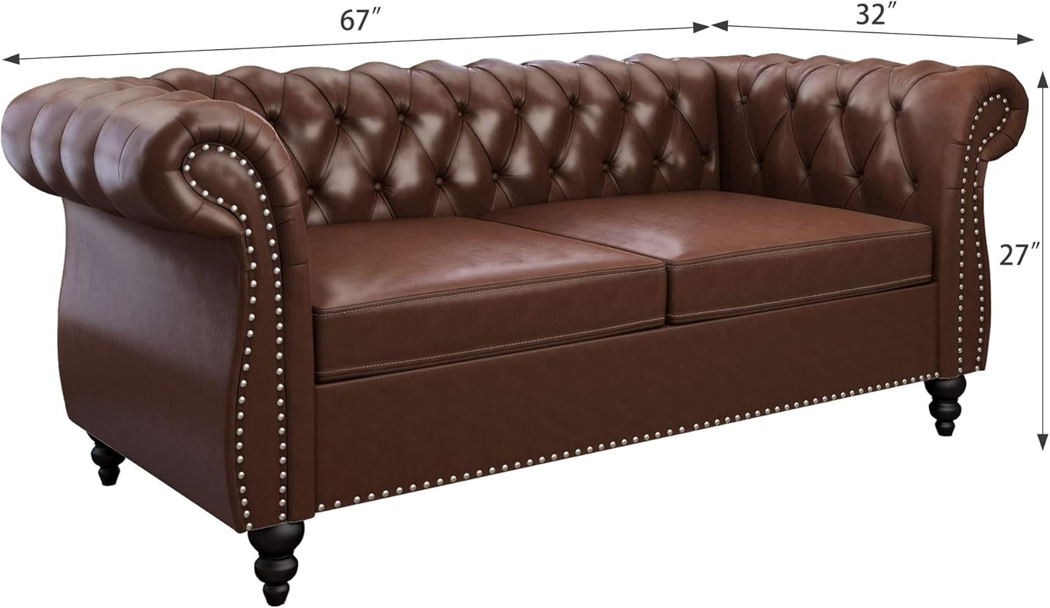 3 Piece Chesterfield Leather Living Room Set Sofa Loveseat Chair Dark Brown with Scroll Arms and Nailhead loveseat dimensions