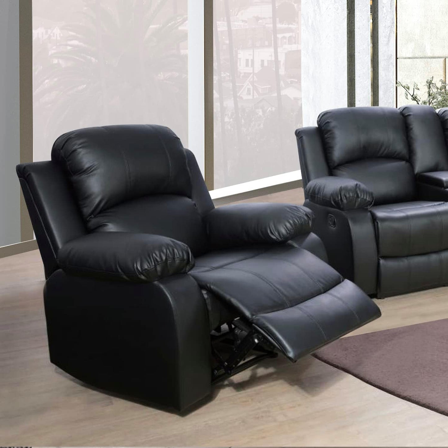 Beverly Fine 3 Piece Recliner Living Room Set Faux Leather in a modern living space with plush seats and reclined positions