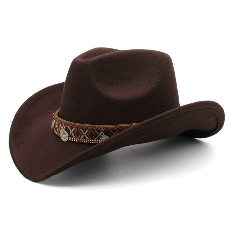 Western Charm Woolen Cowgirl Hat in brown with woven band and pendant charms.