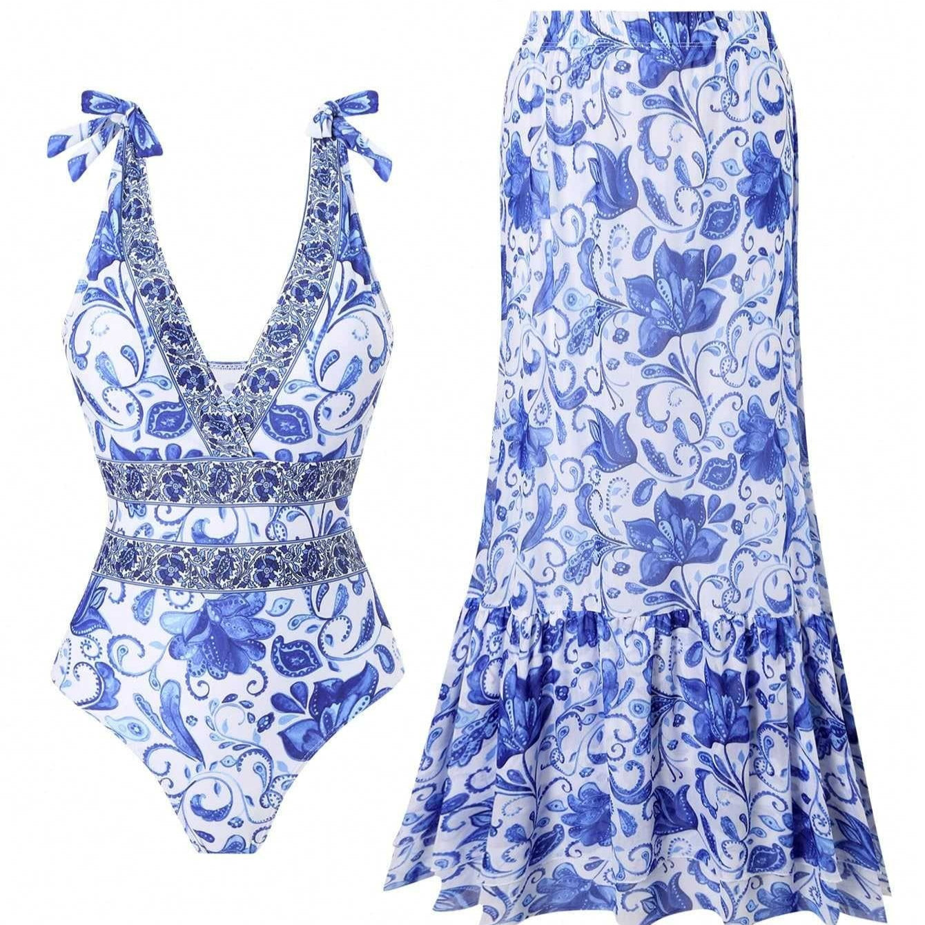 Ethnic Style One-piece Swimsuit For Women Beach Suit with blue floral print and matching cover-up skirt