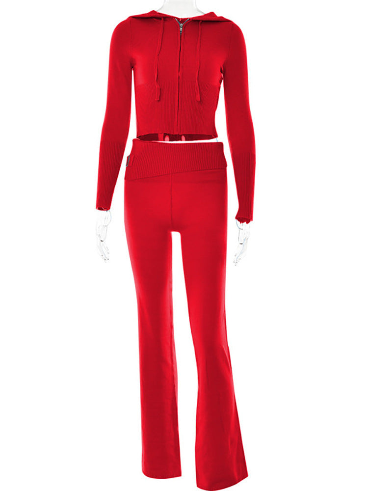 Red Long Sleeve Sweater And High Waist Long Pants Set for women by Diversi Fashion, featuring a stylish long cardigan and versatile design.