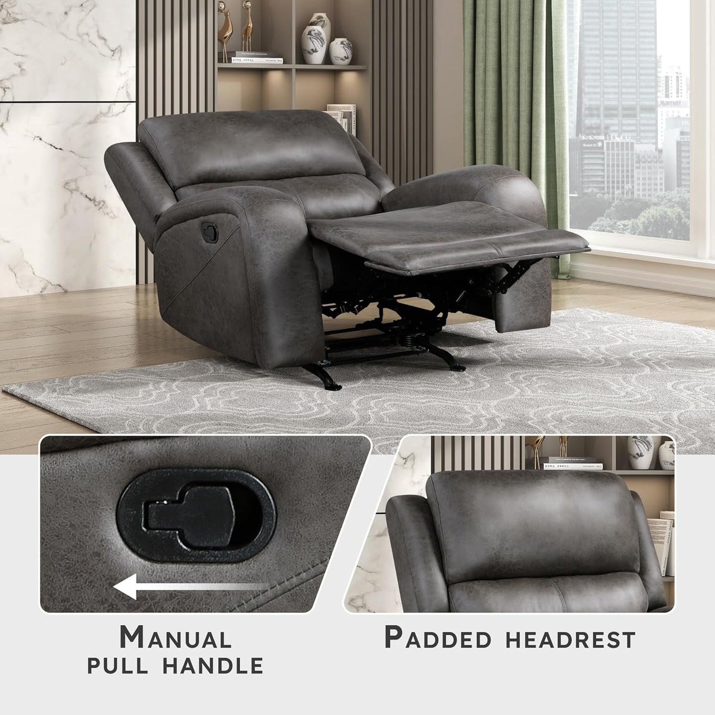 Grey Rocker Recliner Chair With Manual Recline Living Room featuring padded headrest and manual pull handle in stylish room setting