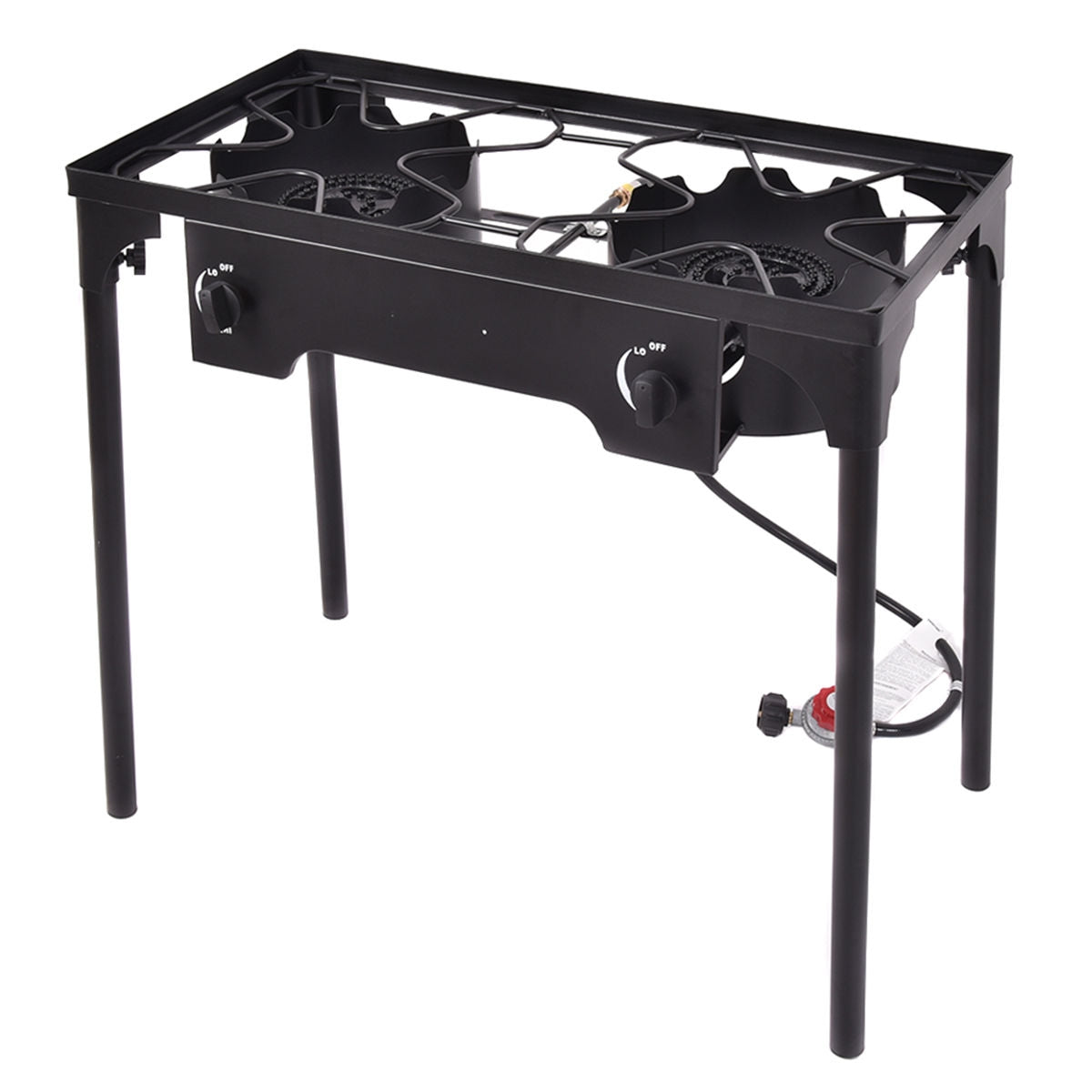 150000 BTU Double Burner Outdoor Stove BBQ Grill with adjustable legs and rugged design.