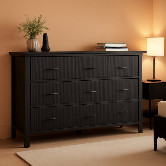 Fluted Contemporary White Dresser With Black Handles featuring seven spacious drawers, perfect for stylish and organized storage.