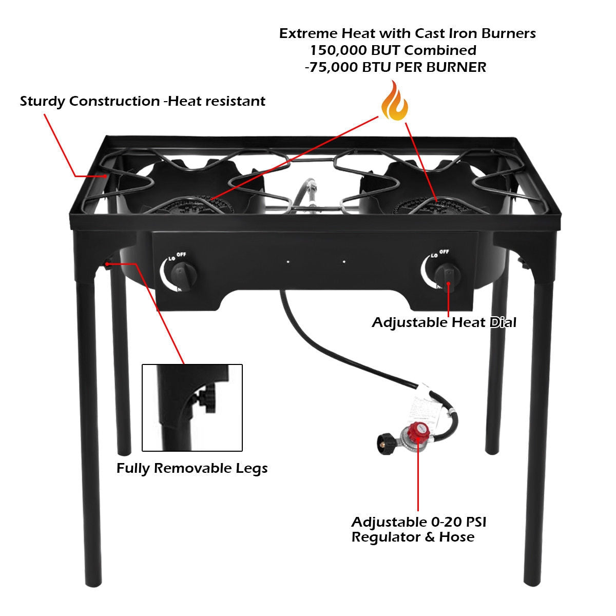 150000 BTU Double Burner Outdoor Stove BBQ Grill with adjustable heat dials and removable legs.