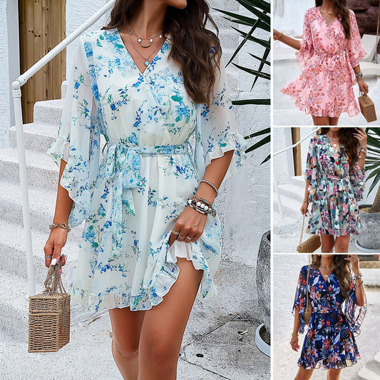 Floral Print Short Sleeves Dress with v-neck and ruffles, perfect for any occasion, available in multiple colors from Diversi Fashion.