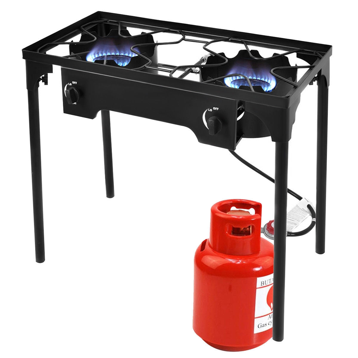 150000 BTU Double Burner Outdoor Stove BBQ Grill with adjustable legs and propane tank